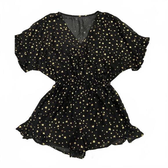 Gianni Bini Pants - Gianni Bini Black & Gold Star Sheer V-Neck Ruffle Whimsigoth Romper- Size Small